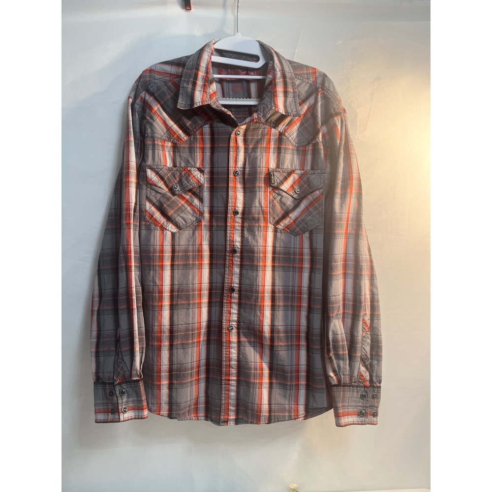CINCH Modern Fit Plaid Long Sleeve Snap Front Shirt Men's Large Gray Orange